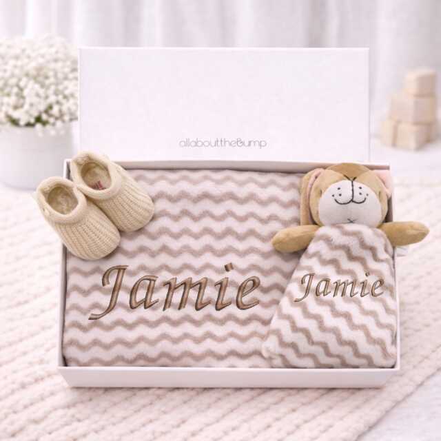 Personalised Embroidered Blanket, Comforter & Booties Gift Set - Beige Unisex Baby Hamper Name Keepsake - image 1