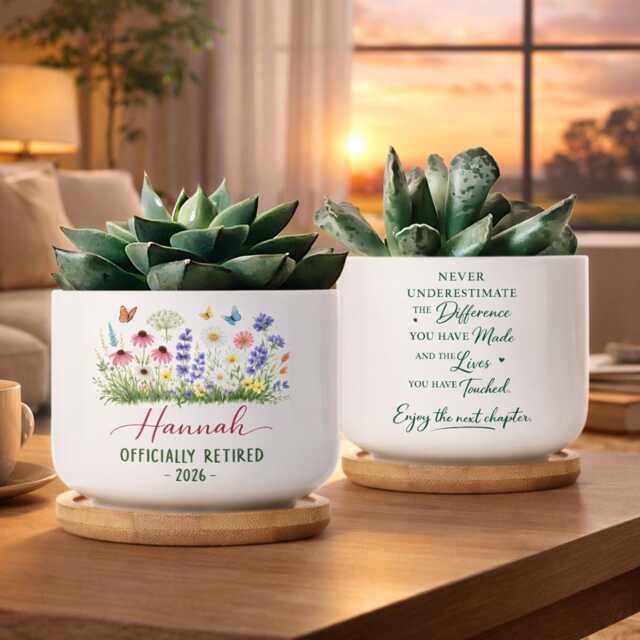 Custom Retirement Plant Pot Personalized Name Year Planter, Floral Ceramic Succulent - image 1