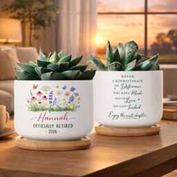 Custom Retirement Plant Pot Personalized Name Year Planter, Floral Ceramic Succulent
