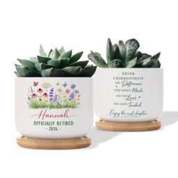 Custom Retirement Plant Pot Personalized Name Year Planter, Floral Ceramic Succulent - thumbnail 3