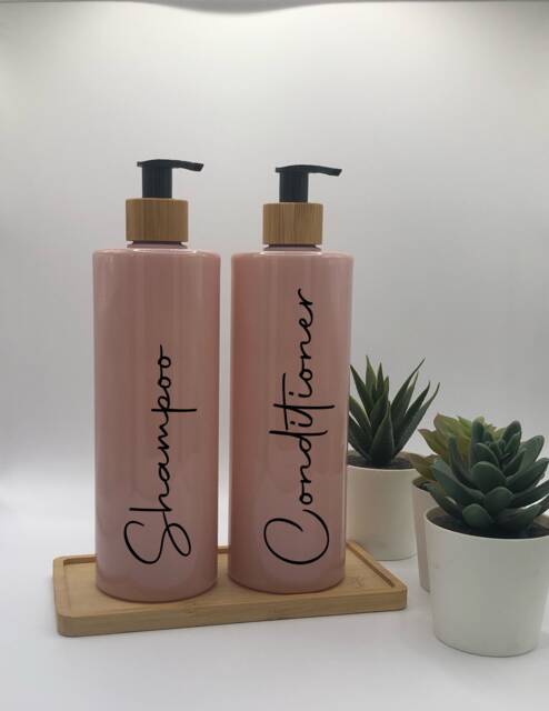 Personalised Pink Tubular Soap Dispenser Bottle With Black Bamboo Pump 250Ml & 500Ml - image 1