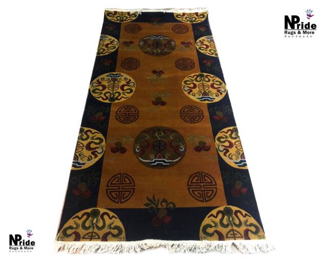 Tibetan Wool Rug Handknotted Beige 3x6Ft Nepal - Traditional Buddhist Meditation Carpet - image 1