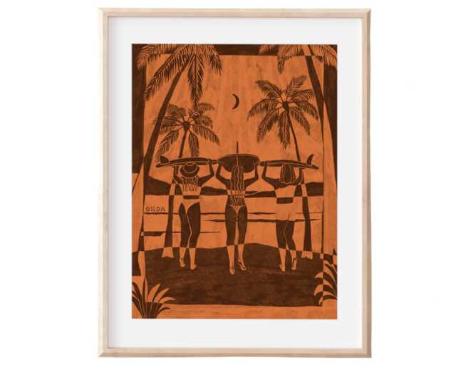 Surf Girls Art Print - Retro Beach, Handmade Fine Paper - image 1