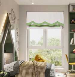 Nursery Room Scallop Roman Shades, Flat Fold Fabric Linen Blend Window Treatment, Made To Order