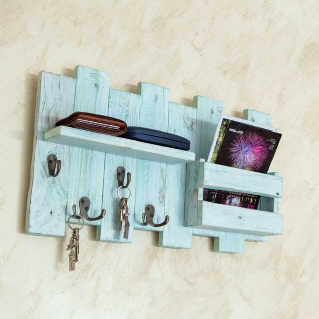 Solid Wood Entryway Organizer, Reclaimed Key Holder With Shelf & Hooks - image 1
