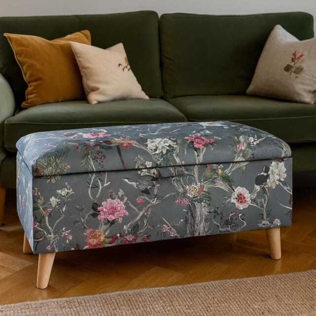Patterned Floral Storage Ottoman, Botanical Footstool in Grey - image 1