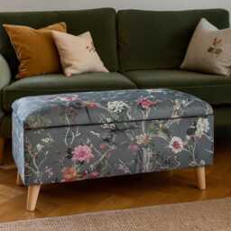 Patterned Floral Storage Ottoman, Botanical Footstool in Grey