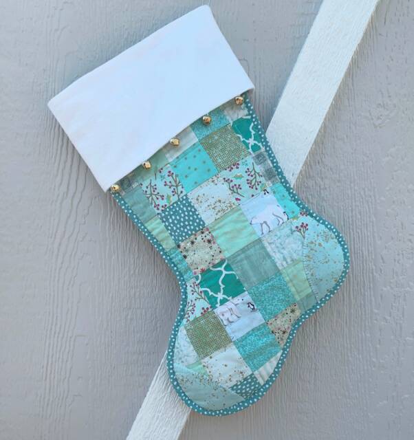 Scrappy Quilted Christmas Stocking, Light Teal & Green Patchwork, With Flannel Cuff Jingle Bells, Fully Lined, Personalized Free - image 1