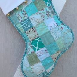 Scrappy Quilted Christmas Stocking, Light Teal & Green Patchwork, With Flannel Cuff Jingle Bells, Fully Lined, Personalized Free - thumbnail 2
