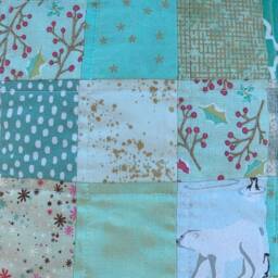 Scrappy Quilted Christmas Stocking, Light Teal & Green Patchwork, With Flannel Cuff Jingle Bells, Fully Lined, Personalized Free - thumbnail 3