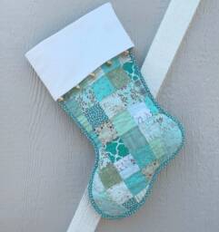 Scrappy Quilted Christmas Stocking, Light Teal & Green Patchwork, With Flannel Cuff Jingle Bells, Fully Lined, Personalized Free