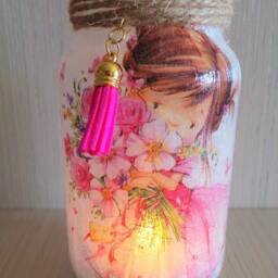 Decoupage Girl Night Light Recycled Glass Jar, Pink Room Decor - thumbnail 4