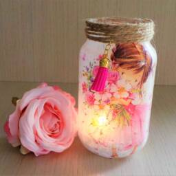 Decoupage Girl Night Light Recycled Glass Jar, Pink Room Decor - thumbnail 3