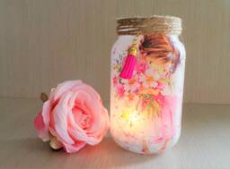 Decoupage Girl Night Light Recycled Glass Jar, Pink Room Decor - thumbnail 1