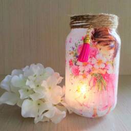 Decoupage Girl Night Light Recycled Glass Jar, Pink Room Decor - thumbnail 2