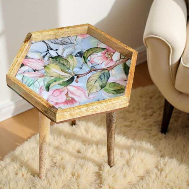 Handcrafted Mango Wood Side Table Spring Flower Pattern Accent Table - image 1
