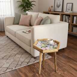 Handcrafted Mango Wood Side Table Spring Flower Pattern Accent Table - thumbnail 4