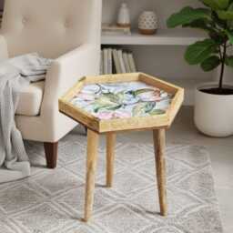 Handcrafted Mango Wood Side Table Spring Flower Pattern Accent Table - thumbnail 2