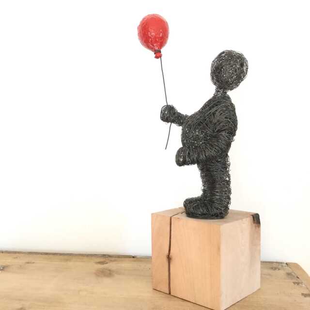 Large Wire Sculpture Holding A Balloon - On Large Wooden Block Handmade Art - image 1