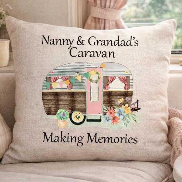 Personalised Caravan Cushion, Nanny & Grandad Gift, Campervan Decor, Holiday Home Making Memories Cushion - image 1