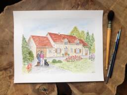 Portrait Of A House With People & Animals Painted in Ink Watercolor, Painting Family From Photo, Gift - thumbnail 1