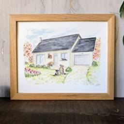 Portrait Of A House With People & Animals Painted in Ink Watercolor, Painting Family From Photo, Gift - thumbnail 2