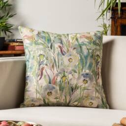 Watercolour Dandelion Linen Blend Cushion. Teal Blue, Greens & Yellow Floral Garden Design. 17x17 - thumbnail 1