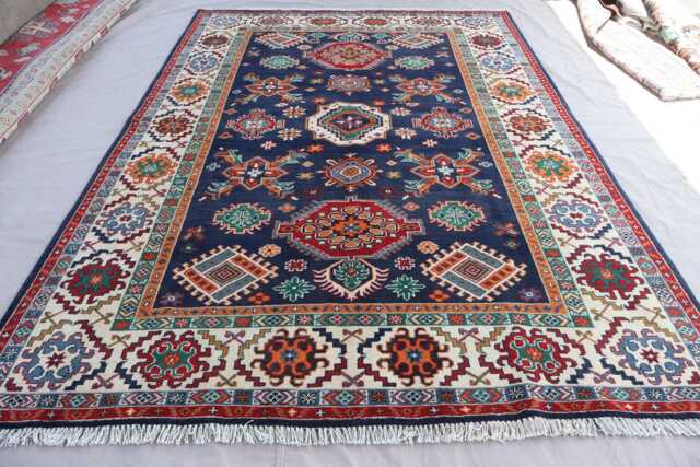6x9 Navy Blue Afghan Rug, Bidjar Kazak Traditional Geometric Hand Knotted Wool Turkmen Tribal Oriental Bedroom Rug - image 1