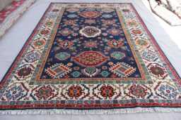 6x9 Navy Blue Afghan Rug, Bidjar Kazak Traditional Geometric Hand Knotted Wool Turkmen Tribal Oriental Bedroom Rug - thumbnail 1