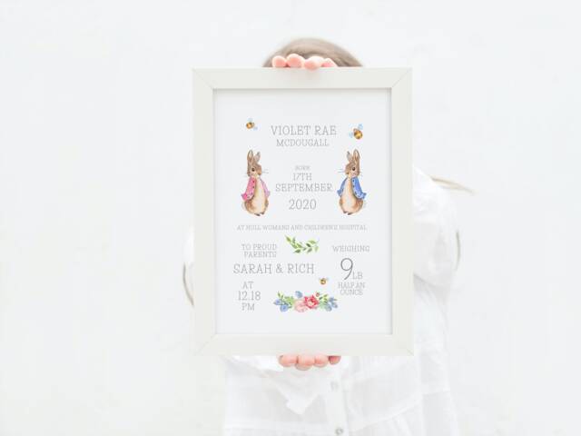 New Baby, Personalised Flopsy Bunny & Peter Rabbit Nursery Print, Beatrix Potter Birth Details, Baby Gift, Gift - image 1