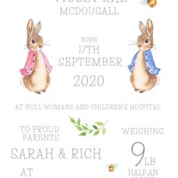 New Baby, Personalised Flopsy Bunny & Peter Rabbit Nursery Print, Beatrix Potter Birth Details, Baby Gift, Gift - thumbnail 3