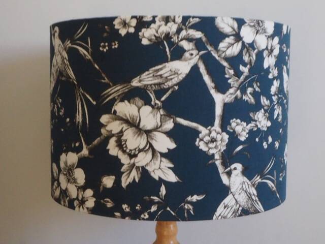 Blue Bird Lampshade Dark Flowers Plant Song Birds Lamp Shade Fabric Cotton Handmade Drum Ceiling Pendant Or Table Floor - Various Sizes - image 1