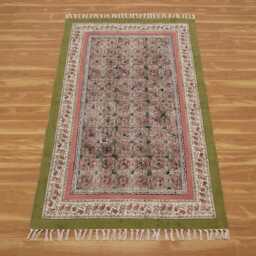 Handmade Green/Peach Floral Rug Block Printed Cotton Area Bedroom Rug Large Hallway Stair Runner 9x12 4x20 12x12 Feet - thumbnail 3