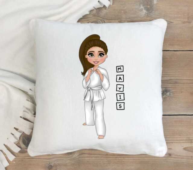 Personalized Karate Girl Pillow Martial Arts Gift, Custom Fighting Childrens Judo Cushion, Belt Colour - image 1