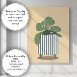 Minimalist Green Houseplant in Striped Planter Scandinavian Botanical Canvas Wall Art Print Decor Picture Ready To Hang - thumbnail 3
