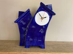 Handmade Ceramic Double Clock Royal Blue Glaze Tabletop Decor - thumbnail 1