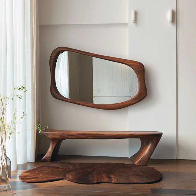 Asymmetric Solid Wood Mirror - Organic Wall Frame Rustic Bathroom & Living Room Decor Walnut - image 1