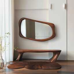 Asymmetric Solid Wood Mirror - Organic Wall Frame Rustic Bathroom & Living Room Decor Walnut