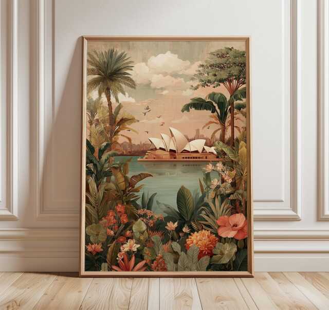 Sydney Opera House Wall Art Print - Tropical Botanical Landscape Poster Vintage Travel Illustration - image 1