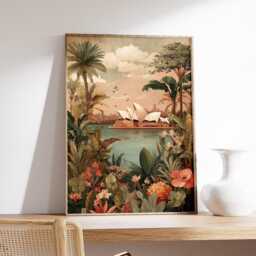 Sydney Opera House Wall Art Print - Tropical Botanical Landscape Poster Vintage Travel Illustration - thumbnail 2