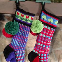 Hand Knit Christmas Stocking Purple Rainbow With Red Flower Detail By Santa's Works - thumbnail 2