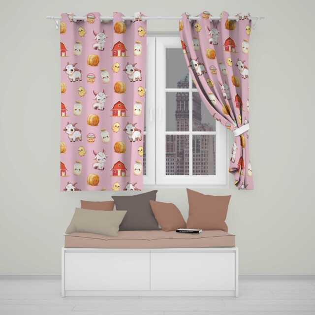 Cute Baby Goat Barn Hay Milk Chick Farm Rose Seamless Pattern Readymade Eyelet Ring Top Thermal 100% Blackout Curtains - image 1