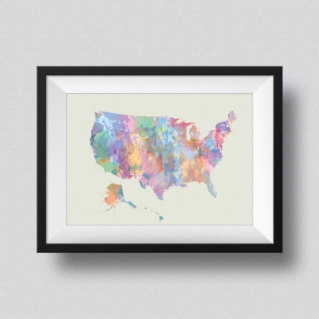 Usa Watercolor Map Art Print United States Of America Ink Splash Poster Canvas