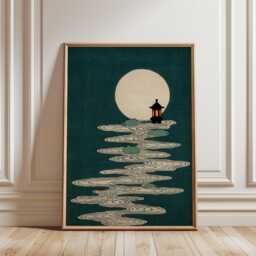 Japanese Frog Poster, Moonlit Lake Lantern Path, Vintage Style Art Print - thumbnail 1