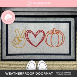 Peace Love & Fall Pumpkin Outdoor Weatherproof Rug - Seasonal Decor New Home Welcome Mat Washable Custom Gift Idea