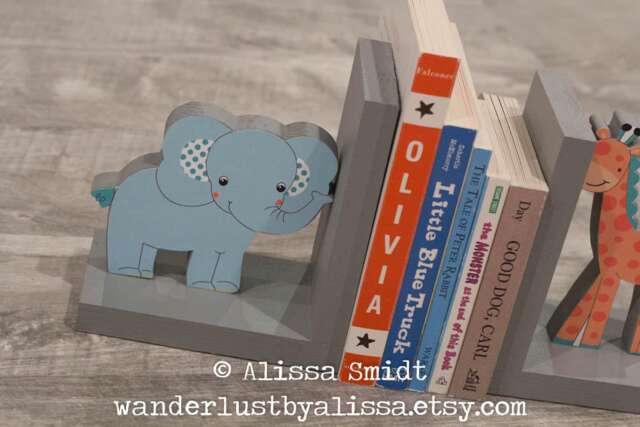 Yoo Hoo Elephant & Giraffe Bookends, Jungle Themed Custom Made Wooden Bookends - Yoo Hoo, Grey, Teal, Aqua, Wood Bookends - image 1