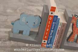Yoo Hoo Elephant & Giraffe Bookends, Jungle Themed Custom Made Wooden Bookends - Yoo Hoo, Grey, Teal, Aqua, Wood Bookends - thumbnail 1