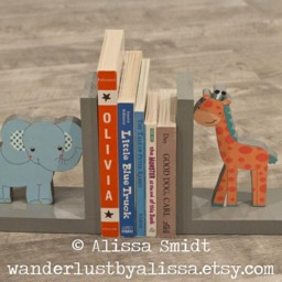 Yoo Hoo Elephant & Giraffe Bookends, Jungle Themed Custom Made Wooden Bookends - Yoo Hoo, Grey, Teal, Aqua, Wood Bookends - thumbnail 2