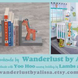Yoo Hoo Elephant & Giraffe Bookends, Jungle Themed Custom Made Wooden Bookends - Yoo Hoo, Grey, Teal, Aqua, Wood Bookends - thumbnail 3