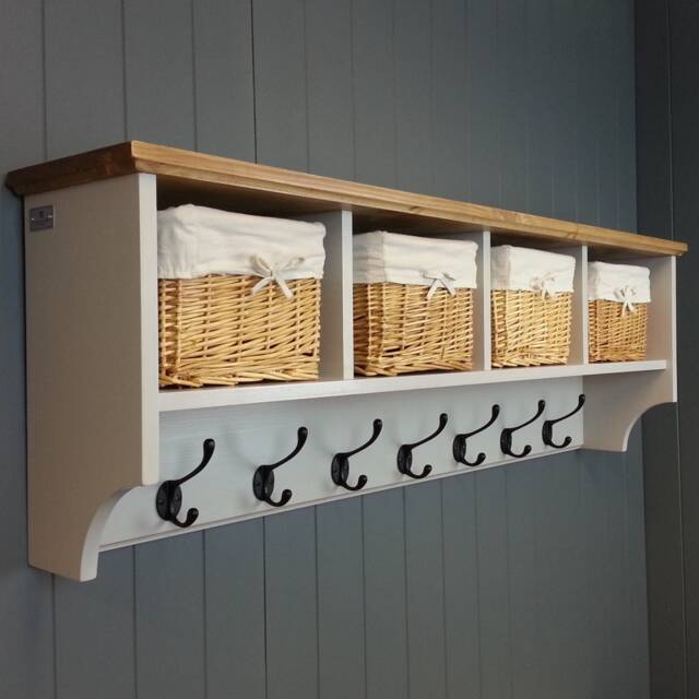 Painted Or Wood Finished Hat & Coat Rack With Shelf Including Baskets - image 1